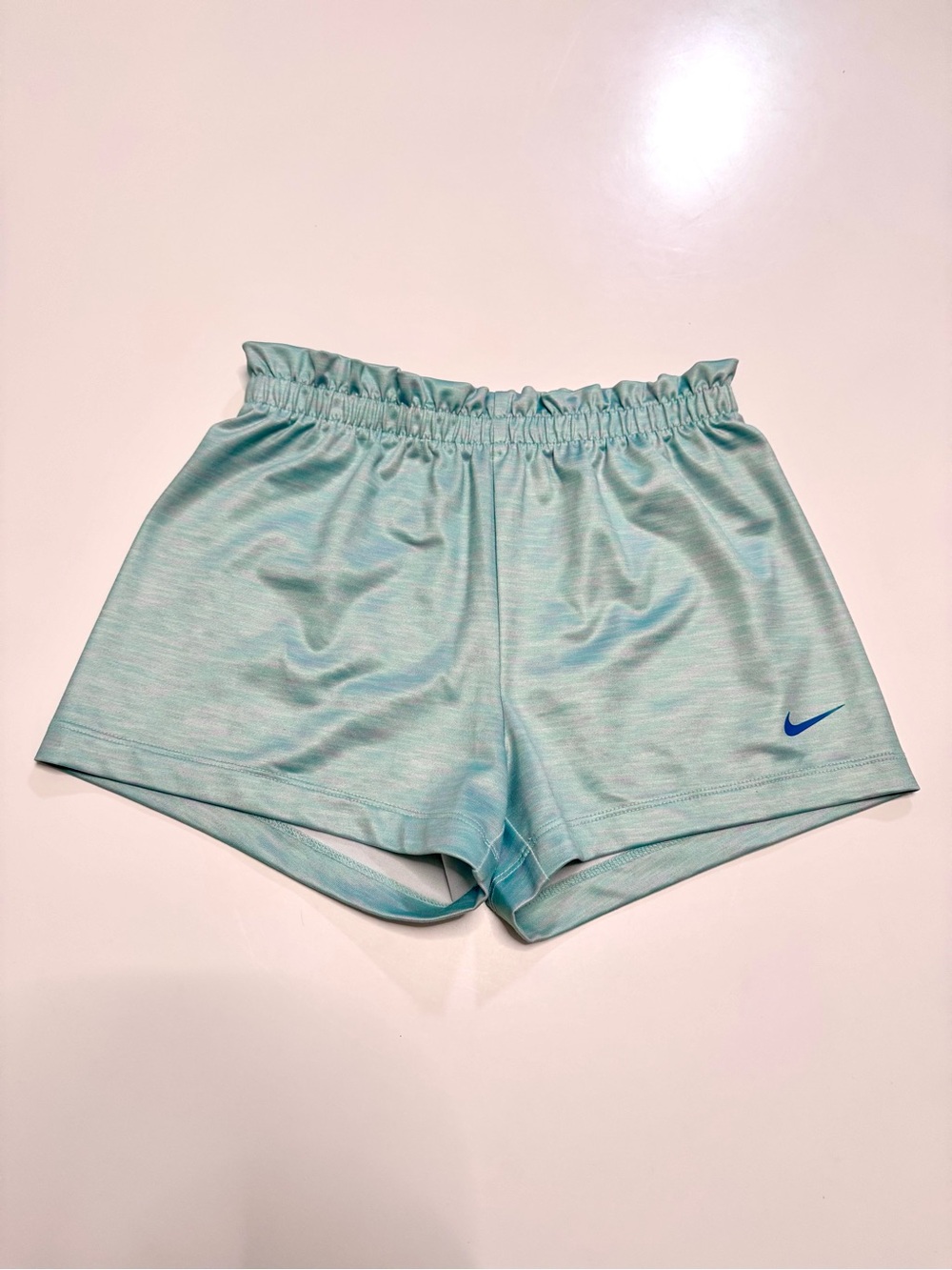 Nike Girls’ Dri-Fit Light Aqua Athletic Paperbag Shorts, size 6